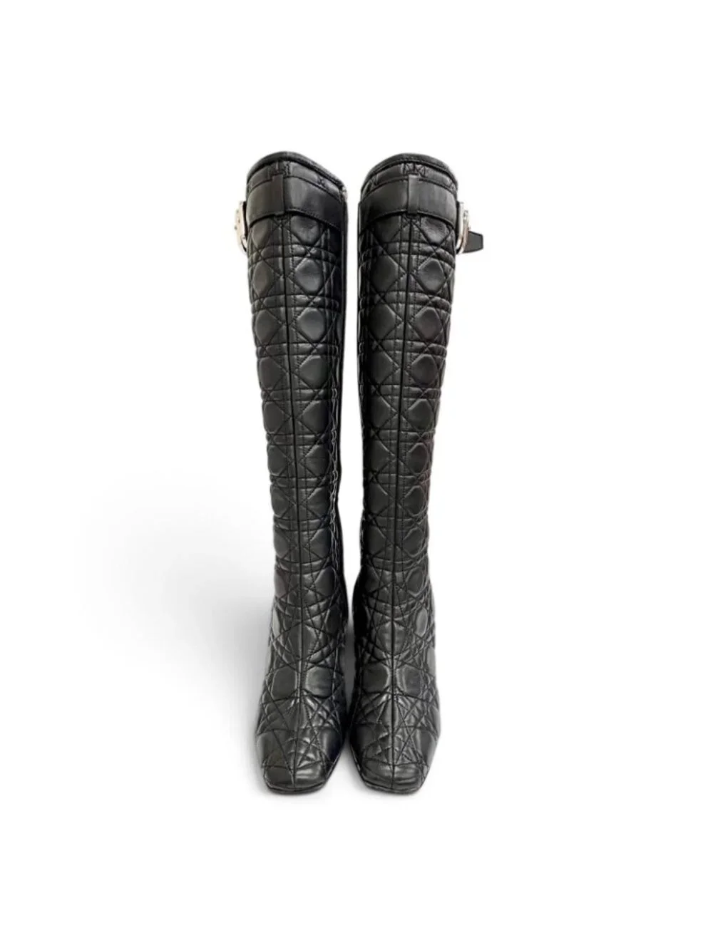 Dior Cannage Side Zip Leather Long Boots Black Silver